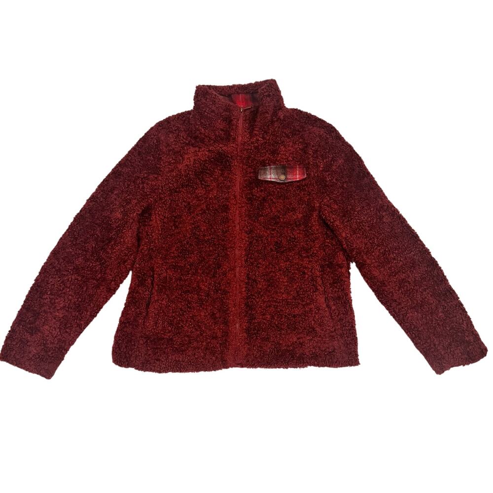 Pendleton Sherpa Teddy Fleece Full Zip Jacket Women M Burgundy Plaid Trim
